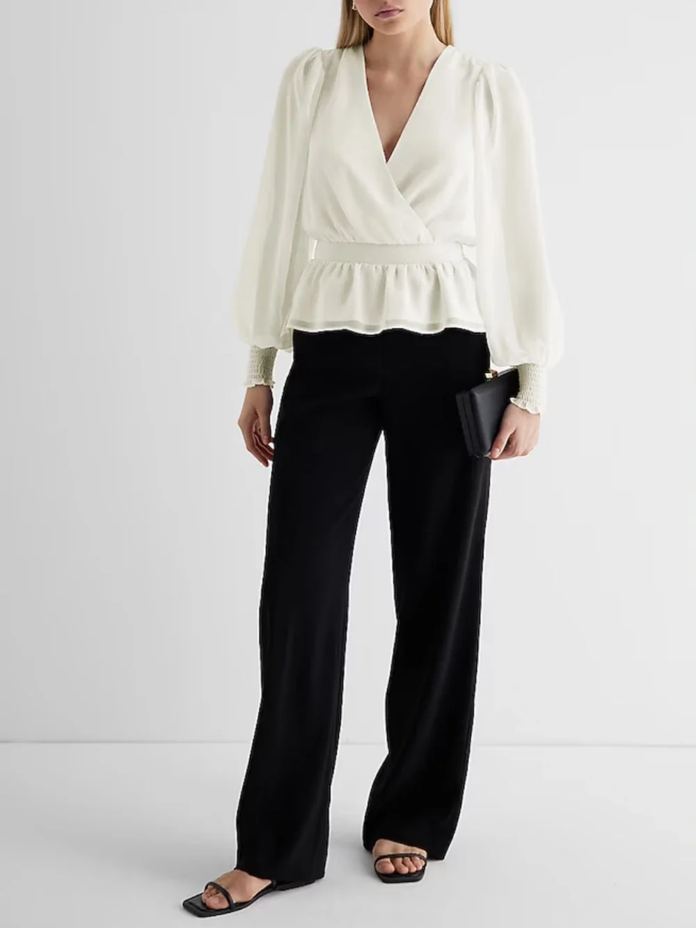 Express V-Neck Smocked Cuff Peplum Top - Picture 3 of 12